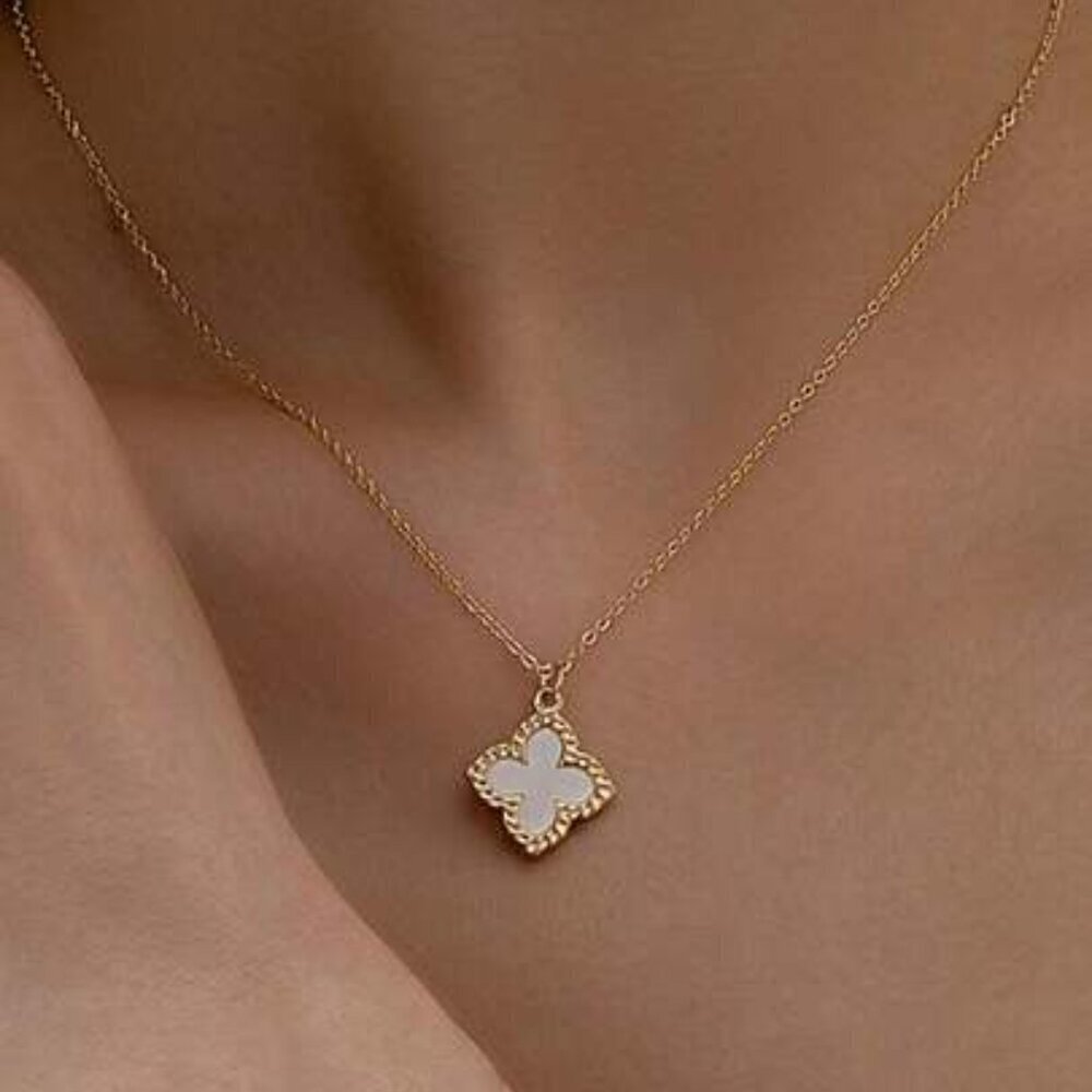 White Mother of Pearl Clover Pendant on 18k Gold Filled Necklace